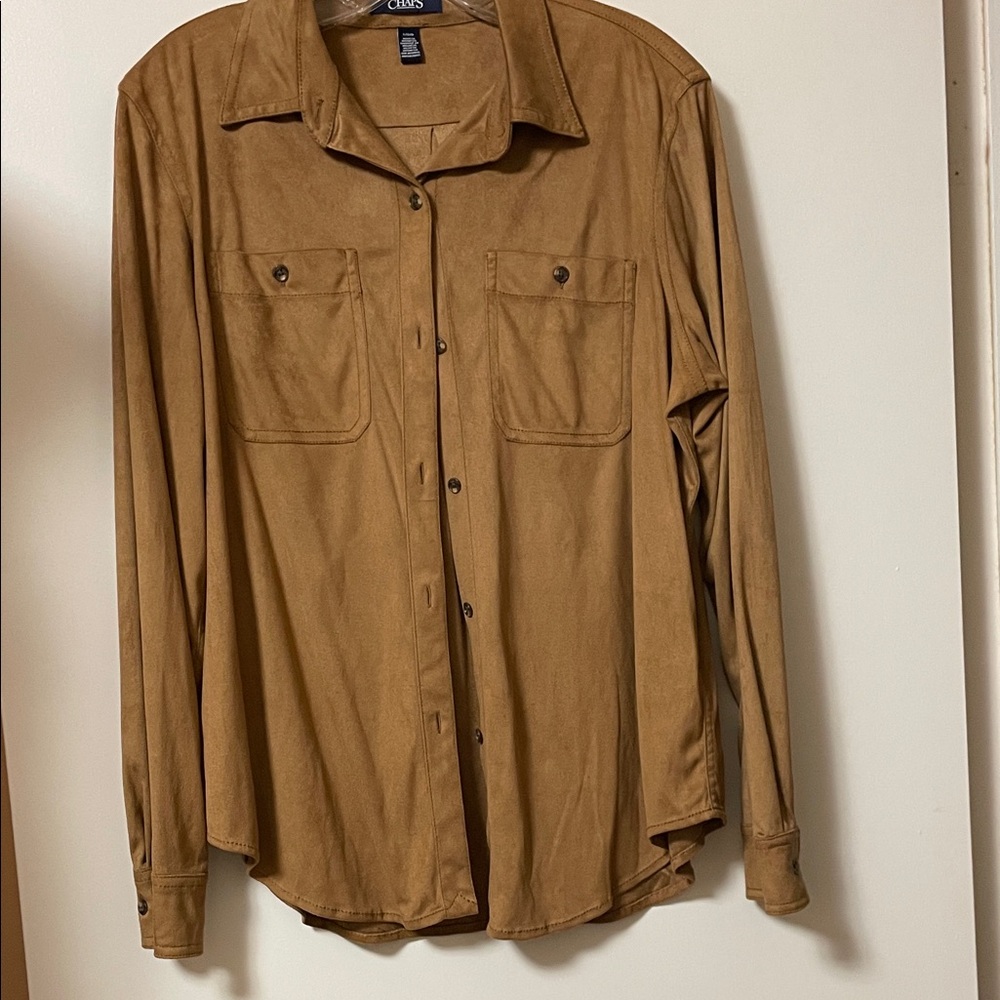 Chaps Tan Button Down Shirt 100% polyester